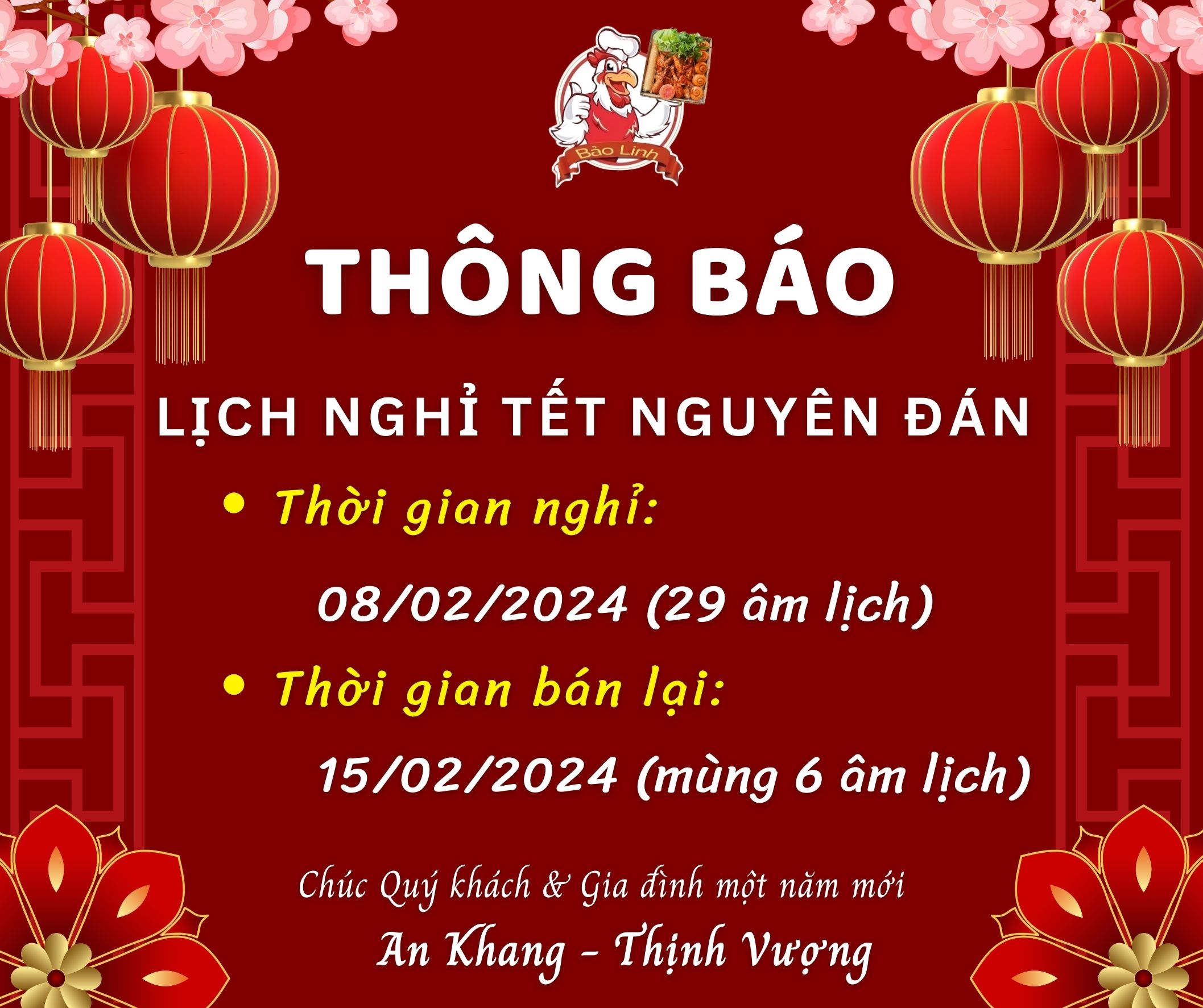Thông báo lịch nghỉ Tết Nguyên Đán 2024 hệ thống Gà nướng cơm lam Bảo Linh